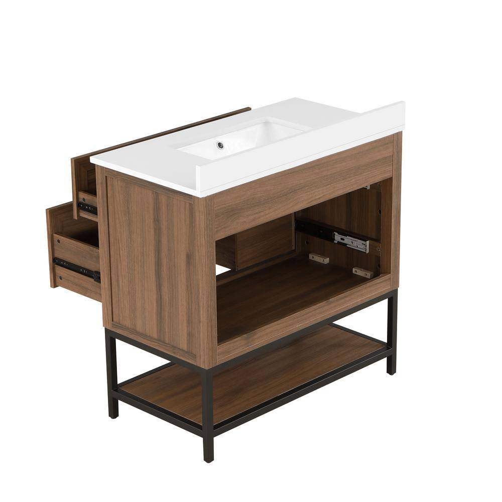 Home Decorators Collection Corley 36 in. W x 19 in. D x 34.50 in. H Single Sink Bath Vanity in Spiced Walnut  White Engineered Stone Composite Top Corley 36SW