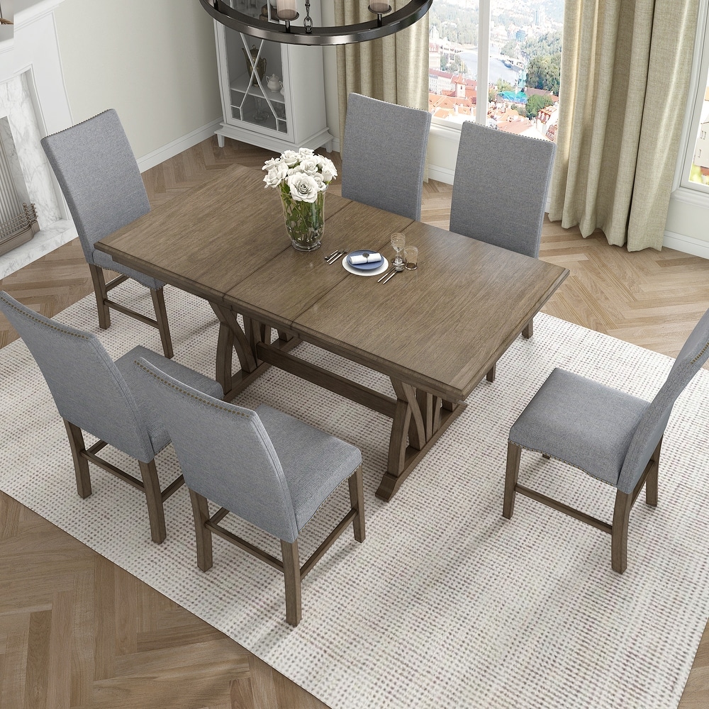 Mid Century Solid Wood 7 Piece Dining Table Set Extendable Kitchen Table Set with Upholstered Chairs and 12\