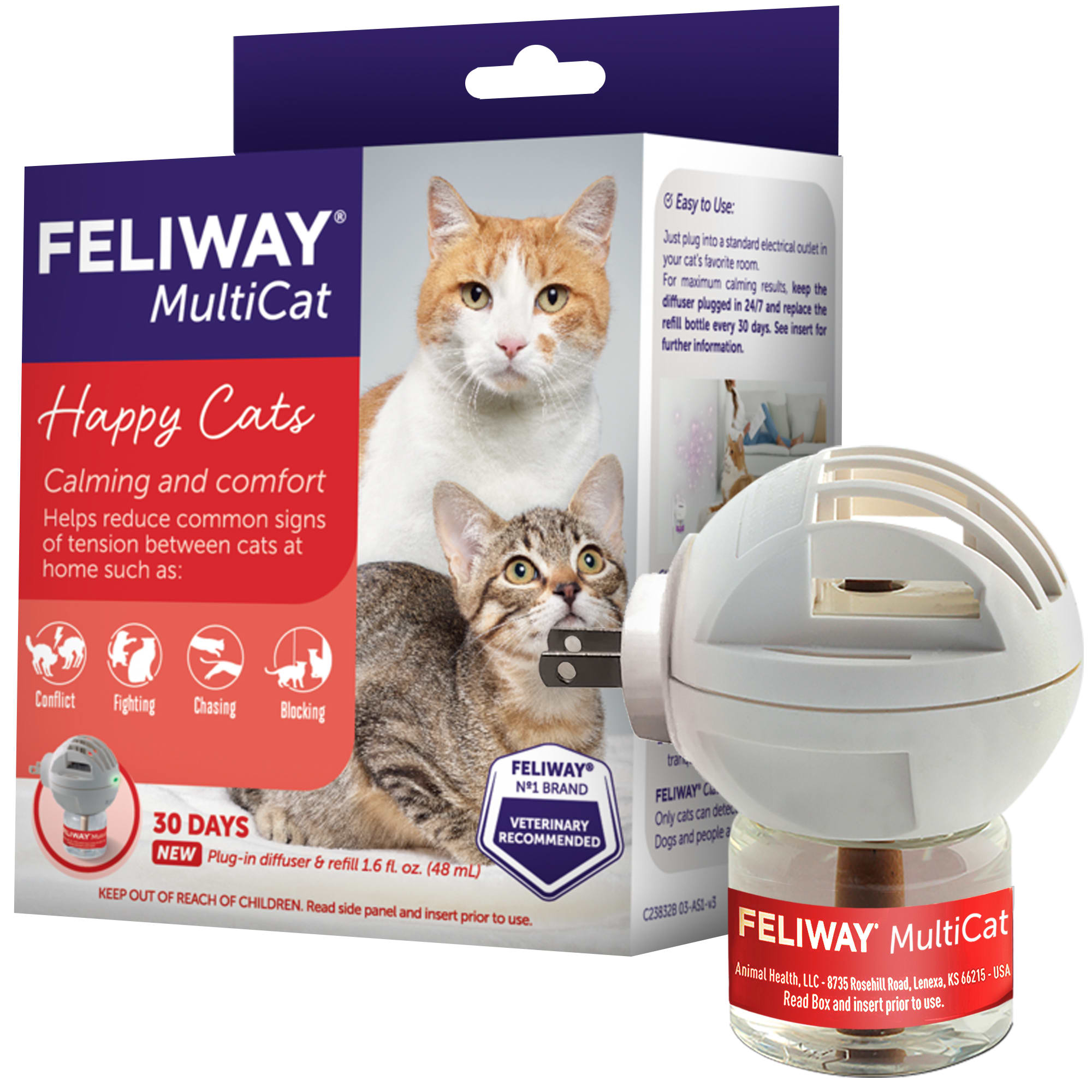 Feliway 30 Day Multicat Diffuser Plug-In Starter Kit， 48 ml.