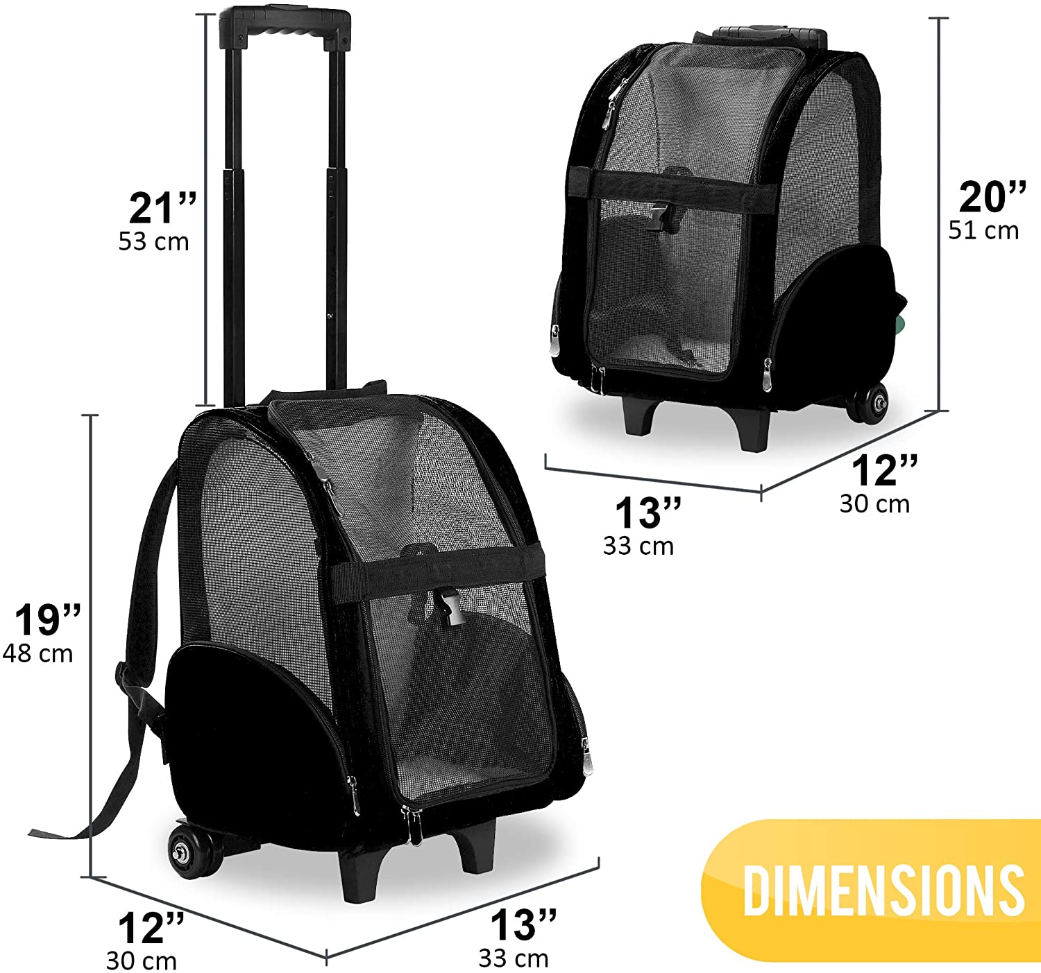 Deluxe Backpack Pet Travel Carrier with Double Wheels - Black - Approved by Most Airlines