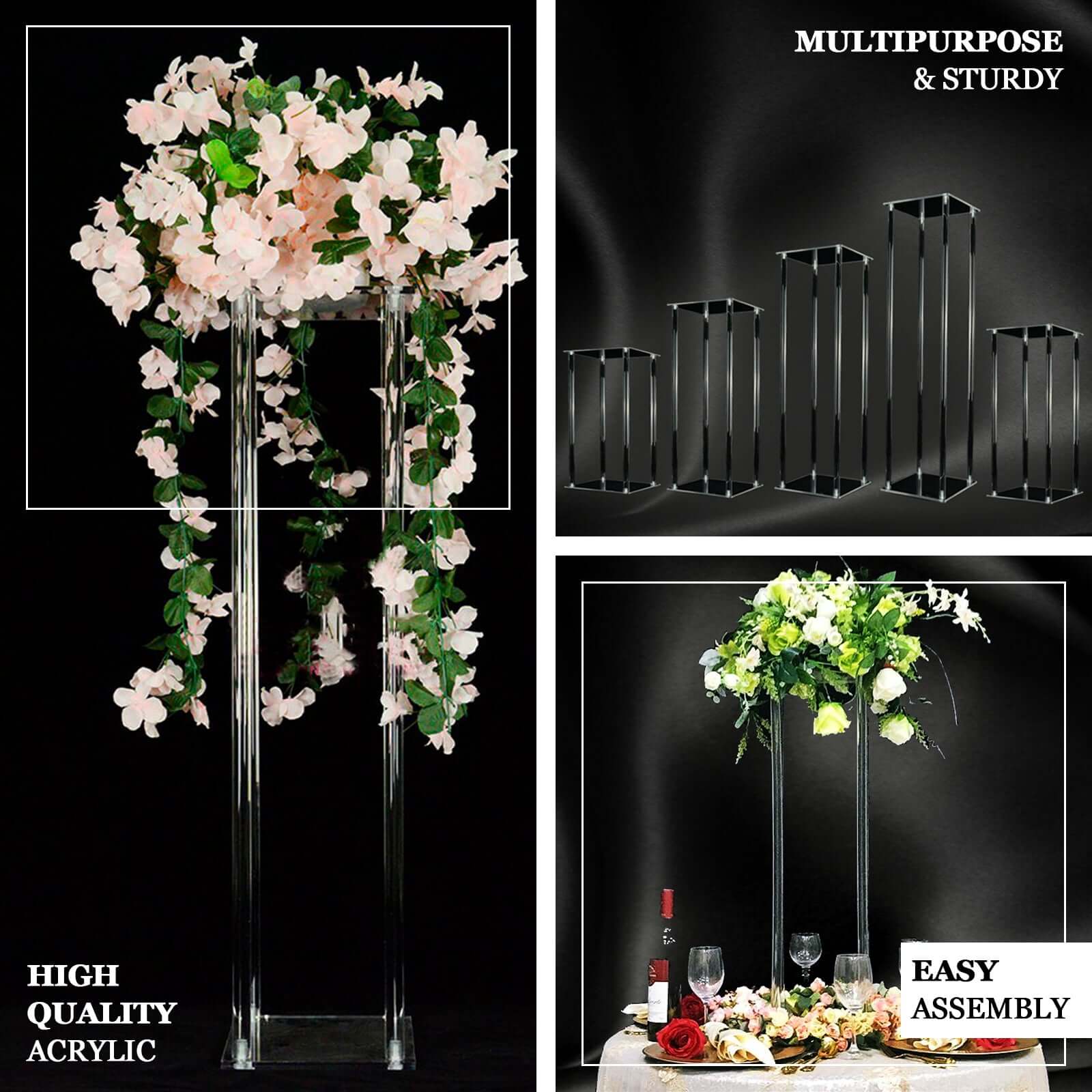 Clear Acrylic Flower Vase Pillar Column Stand With Square Mirror Base, Wedding Table Centerpiece 16