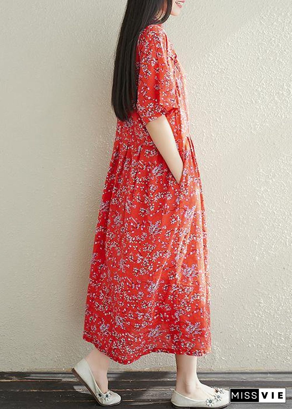 Button Chiffon Robes Fabrics red prints Dresses summer