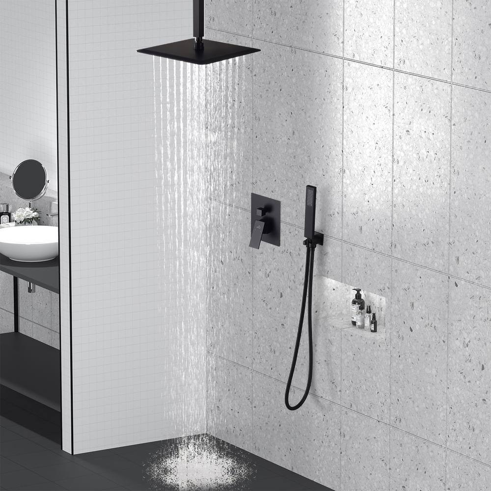 CASAINC 1-Spray Patterns with 10 in. Ceiling Mount Dual Shower Heads with Hand Shower Faucet in Black (Valve Included) M6066-B-10-MB