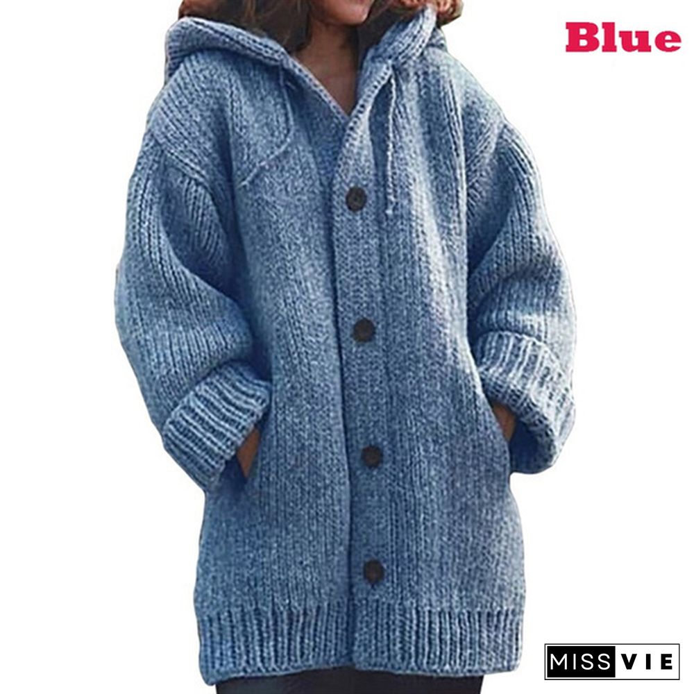 Women Fashion Mid-length Button Up Knitted Cardigan Jackets Ladies Casual Autumn and Winter Hooded Sweater Coats Strickjacke Damen