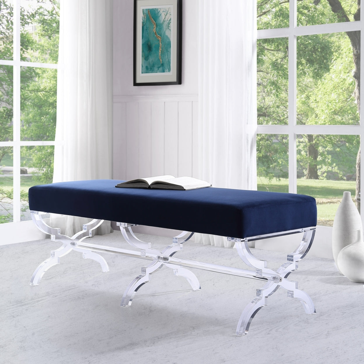 Laris Velvet Upholstered Bench-Modern Acrylic X-Leg-Living Room, Entryway, Bedroom-Inspired Home