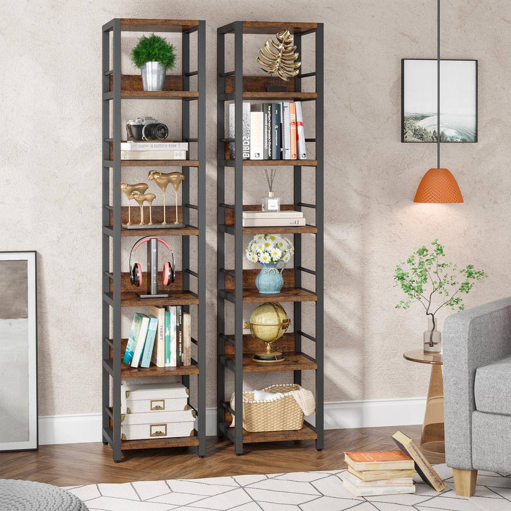 TRIBESIGNS WAY TO ORIGIN Frailey 75 in. Rustic Brown 6-Shelf Tall Narrow Bookcase Bookshelf Storage Rack with Metal Frame for Home Office HD-JW0403-HYF