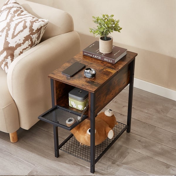 Flip Top Side Table with 1-Drawer and Steel Mesh Shelf ，Slim Sofa Table， Rustic Brown