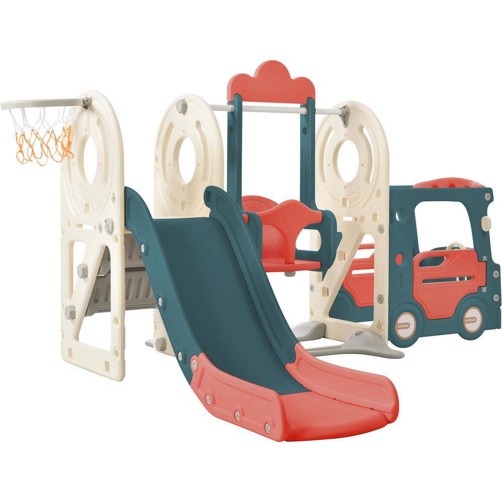 TIRAMISUBEST Red Indoor Outdoor 5-in-1 Freestanding Playset Kids Slide with Bus-Shaped Play Structure and Swing PPXY299290AAJ