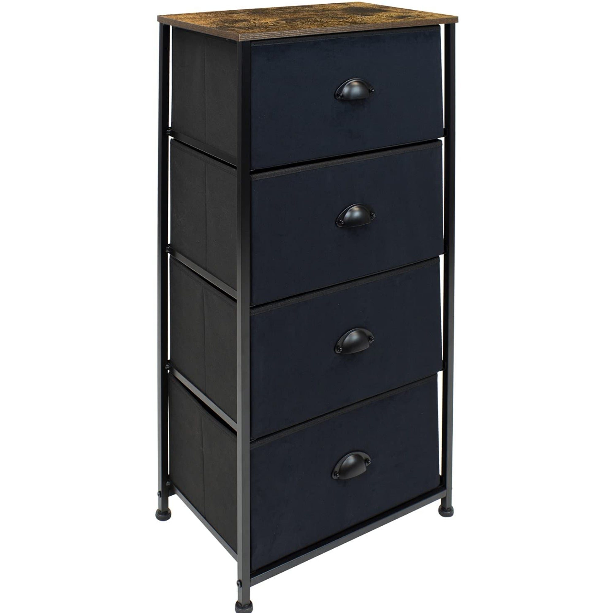 Sorbus Tall Nightstand - 4 Drawer Fabric Dresser, Tall Skinny Dresser for Bedside Furniture, Storage Organizer Dresser for Home, Hallway, Office, College Dorm, Steel Frame, Rustic Wood Top, (Black)