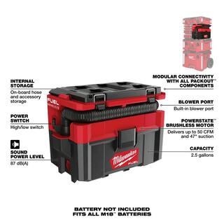 MW PACKOUT 20 in. 2-Wheel Utility Cart  M18 FUEL PACKOUT 18-Volt Lithium-Ion Cordless 2.5 Gal. WetDry Vacuum (Tool-Only) 48-22-8415-0970-20