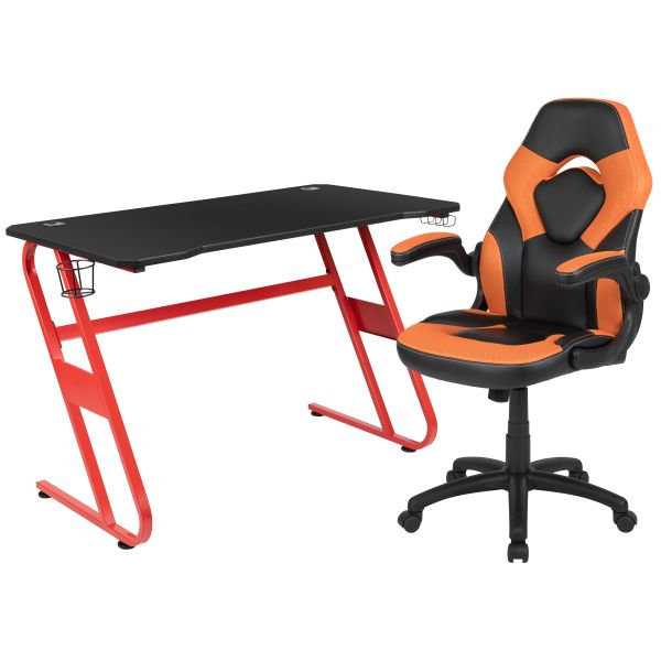 Optis Red Gaming Desk and Orange/Black Racing Chair Set with Cup Holder and Headphone Hook