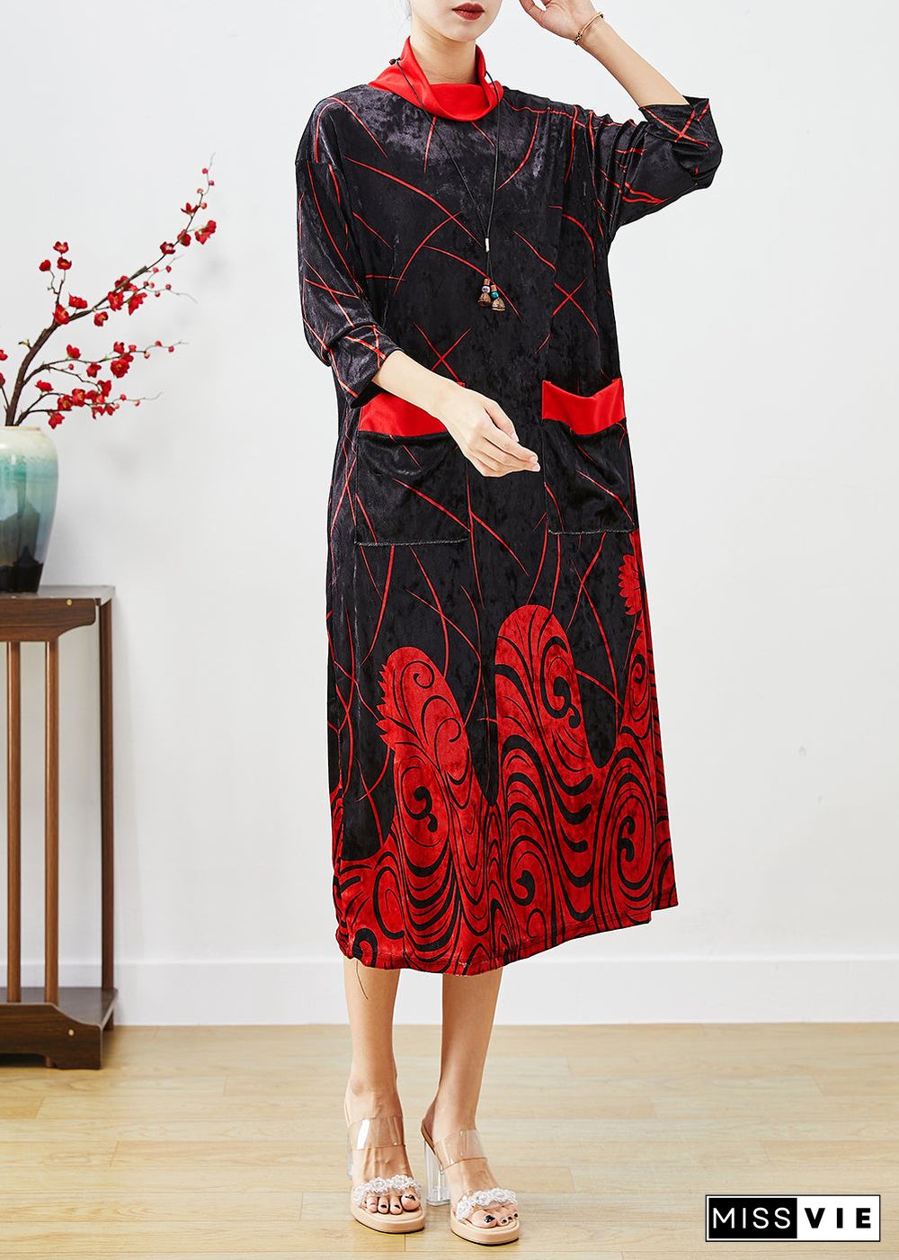 Classy Red Turtle Neck Print Silk Velour Long Dress Half Sleeve