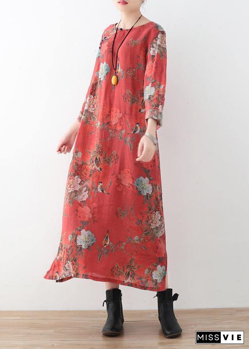 Women red linen outfit Fine Runway side open Maxi prints Dress