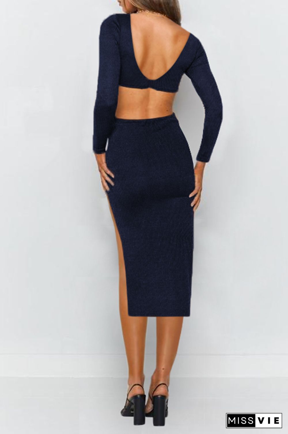 Elegant Solid Hollowed Out Backless Slit V Neck Pencil Skirt Dresses