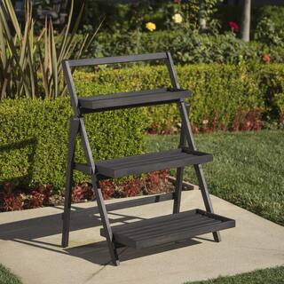 Noble House Cletus Dark Grey Wood Outdoor Patio Plant Stand 17036