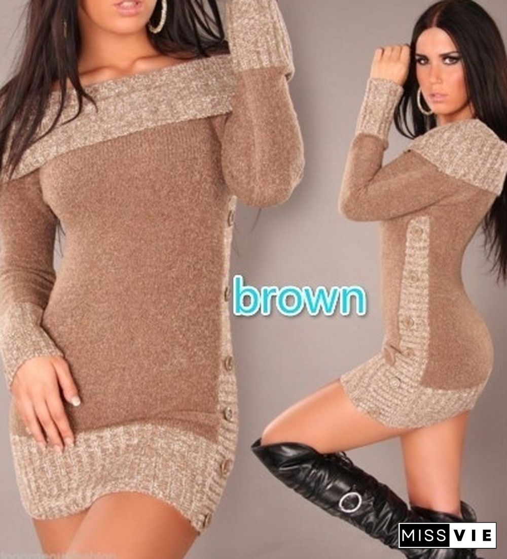 Jumper Long Sweater Tops Ladies Womens Knitted Mini Dress Long Sleeve Package Hip Off Shoulder Sheath Dress