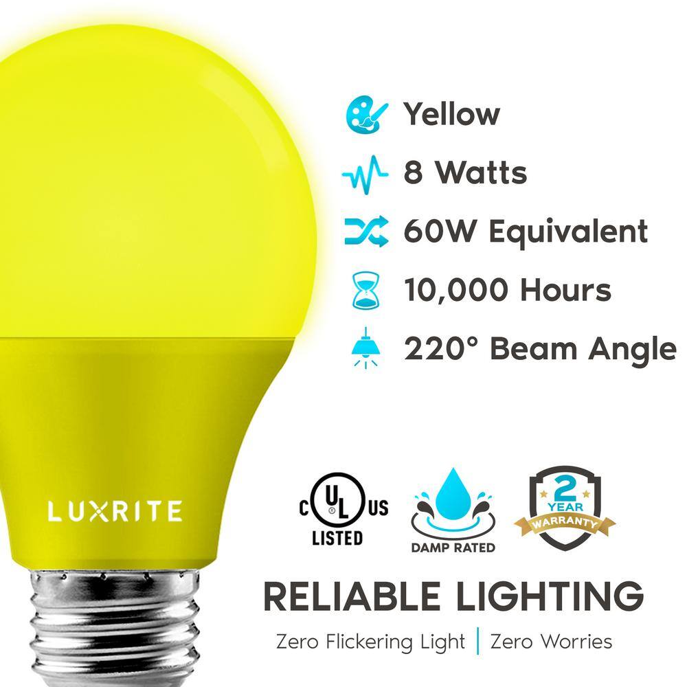 LUXRITE 60-Watt Equivalent A19 Bug LED Light Bulb Yellow Light Bulb (6-Pack) LR21490-6PK