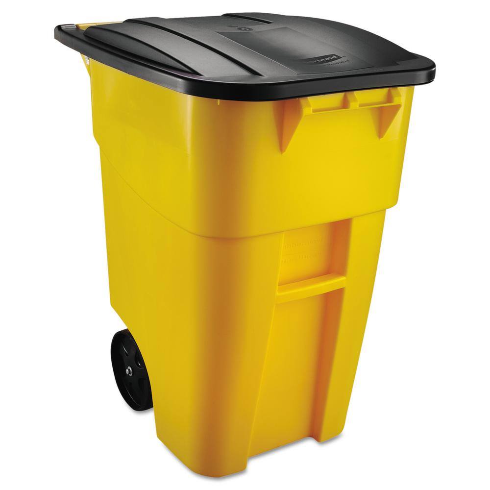 Rubbermaid Commercial Products Brute 50 Gal. Yellow Plastic Square Rollout Trash Can with Lid RCP9W27YEL