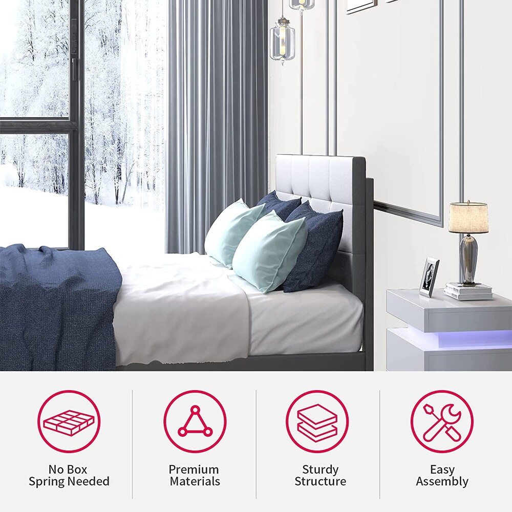 Mixoy Bed Frame with Smart RGB LED Lights Button Tufted Headboard PVC Fabric Upholstered Platform No Box Spring Needed