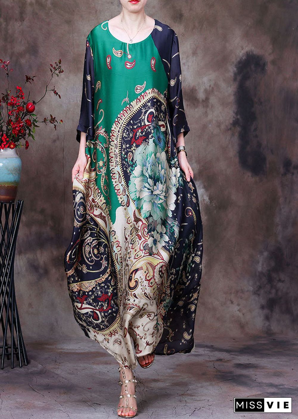 Green Print Silk Long Dresses Asymmetrical Deaign Half Sleeve