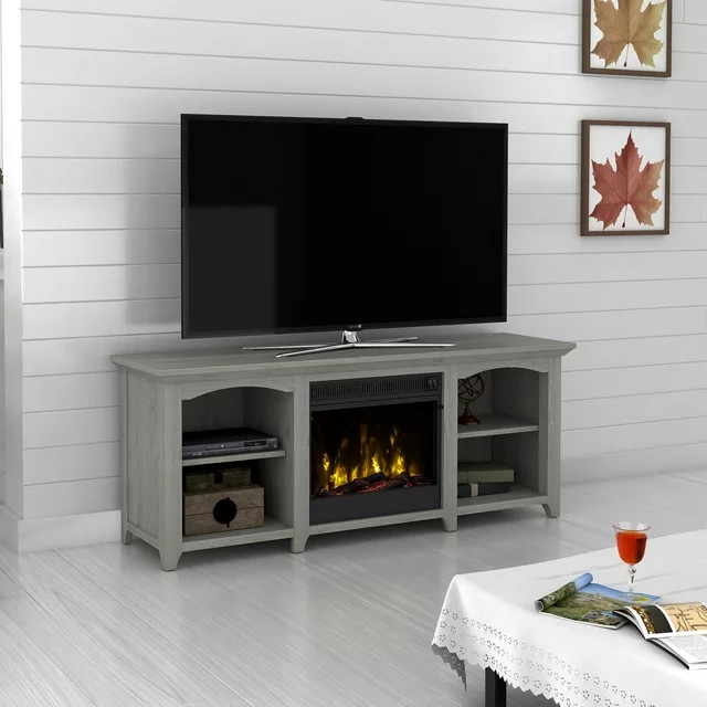 Traditional TV Console  Storage Shelves With Cord Management  ampFireplace  Gray   Traditional   Entertainment Centers And Tv Stands   by Declusia  Houzz