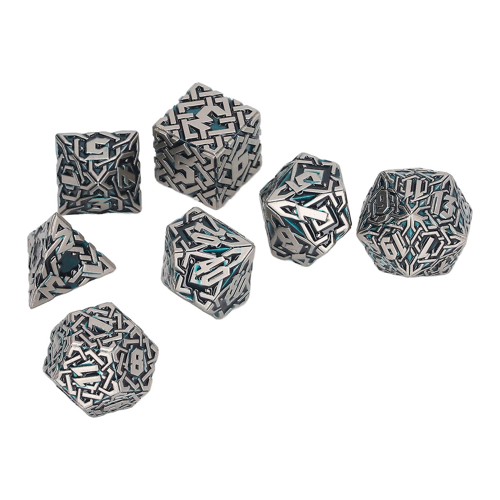 7pcs Metal Engraved Pattern Dice Set Men Women Party Tabletop Funny Polyhedral Dice Props for Card Game Pearl Nickel Green