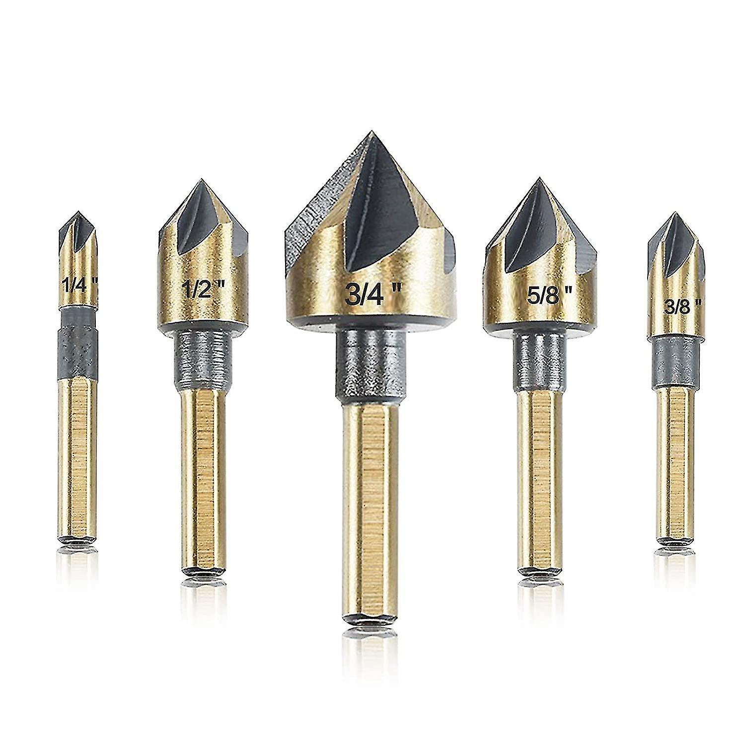 5pcs 82 Degree 5 Flute 6mm High Speed Steel Hex Shank Tapered Drill Bit Set With 6mm Round Shank