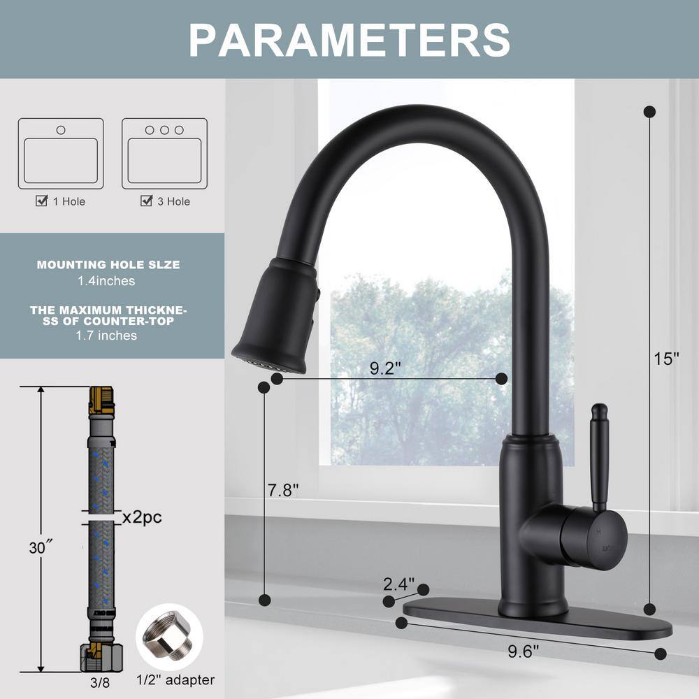 WOWOW Single Handle Deck Mount Gooseneck Pull Down Sprayer Kitchen Faucet with Deckplate Included in Matte Black 2310101B-AMUS