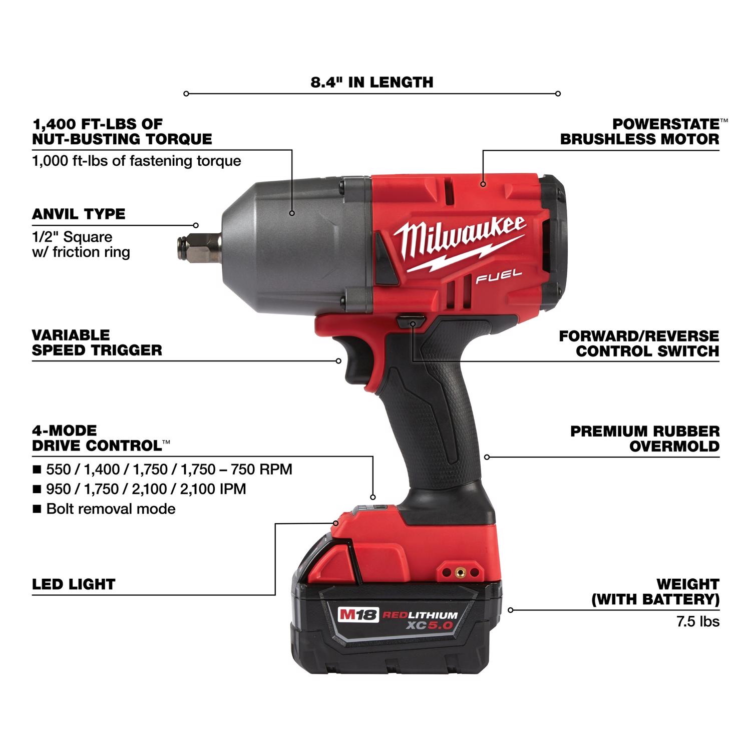 MW M18 FUEL 18 V 1/2 in. Cordless Brushless Impact Wrench Kit (Battery \u0026 Charger)