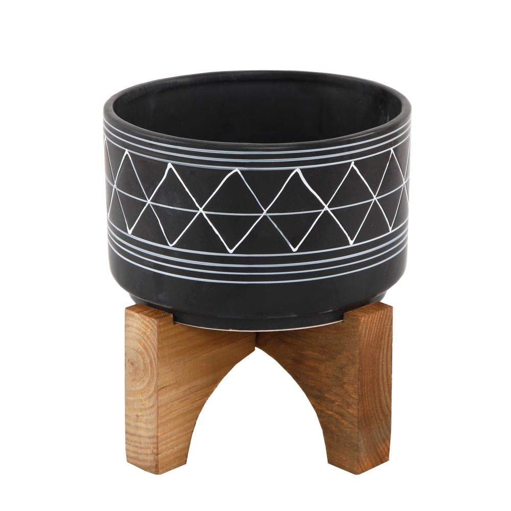 Flora Bunda Mid-Century 7 in. Black/White Line Ceramic Geometric Pot with Wood Stand Planter CT876E-BK/WH