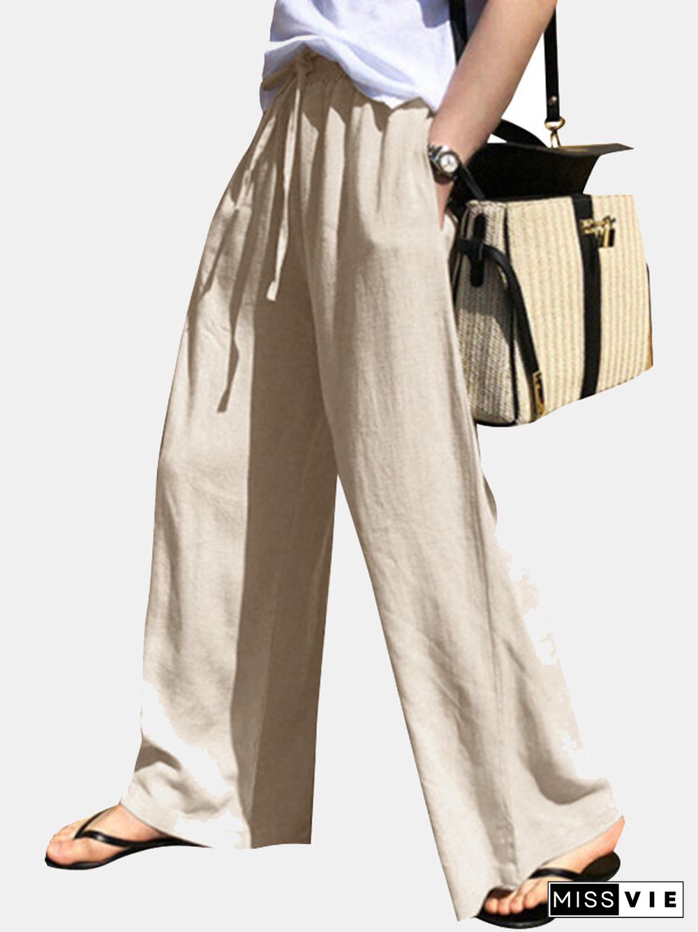 Solid Pocket Drawstring Elastic Waist Wide Leg Pants