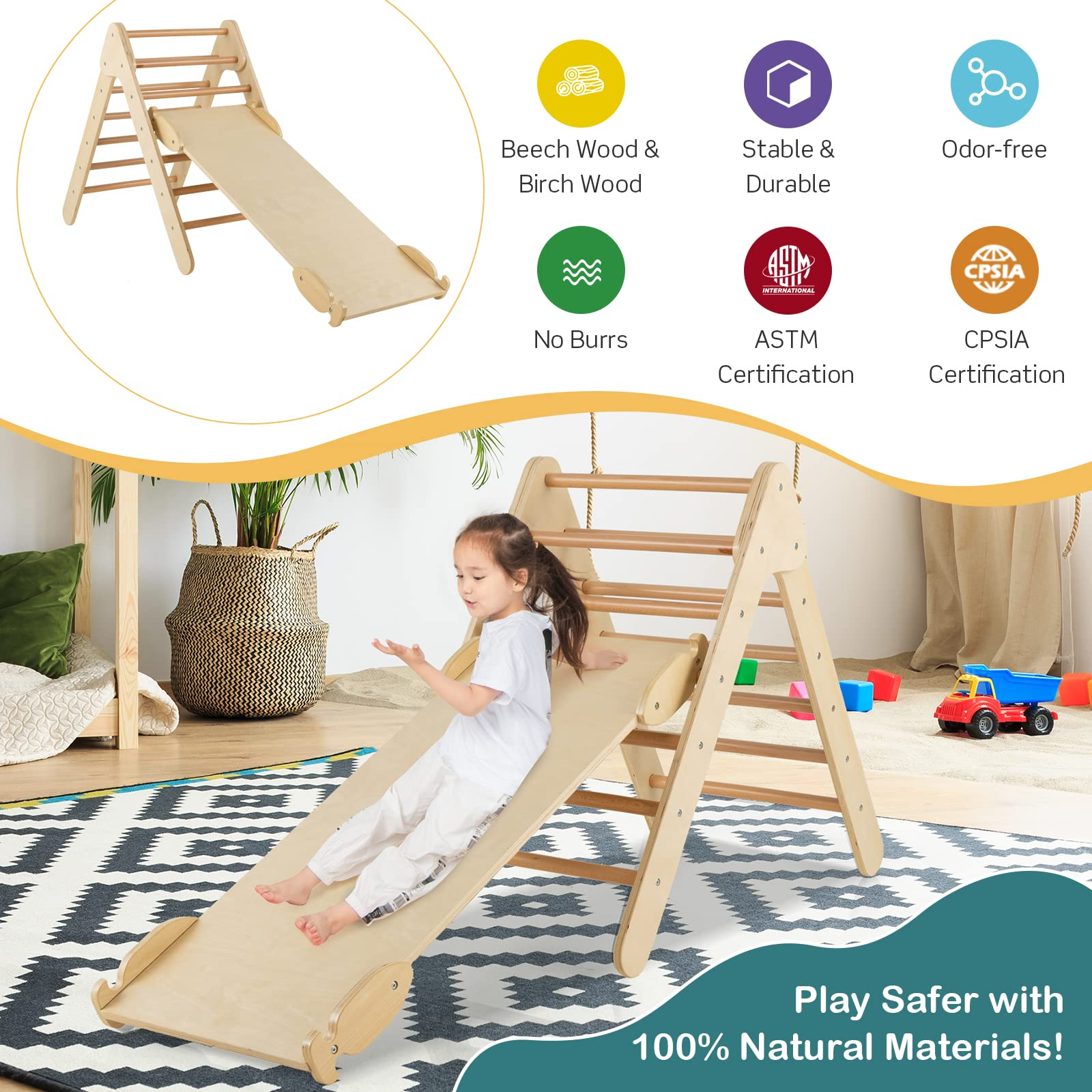 Costzon Wooden Climbing Toys for Toddlers, 3 in 1 Montessori Triangle Climber with Adjustable Angle Ramp for Climb & Slide