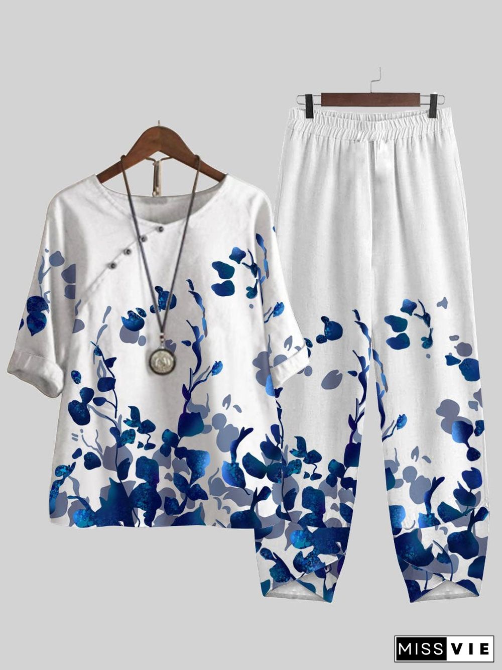 Blue Leaf Print Top And Pants Two-piece Suits