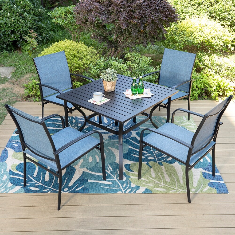 5 Piece Patio Dining Set  37 Inch Square Metal Table and 4 Textilene Dining Chairs