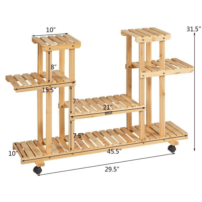 4 Tier Wood Plant Stand Rolling Flower Rack with 4 Wheels