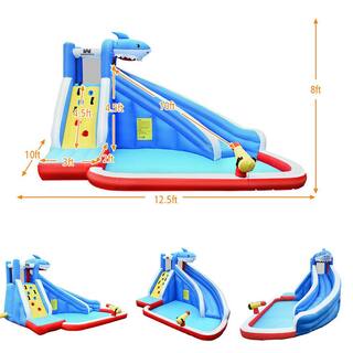 Costway Multi-Color Inflatable Water Slide Shark Bounce House Castle Splash Water Pool without Blower OP70399