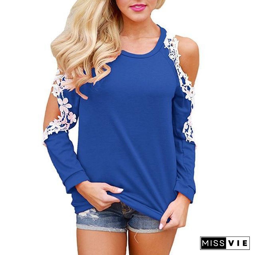 Women Cold Shoulder Long Sleeve Lace Blouse Causal Loose Solid Tops Tees