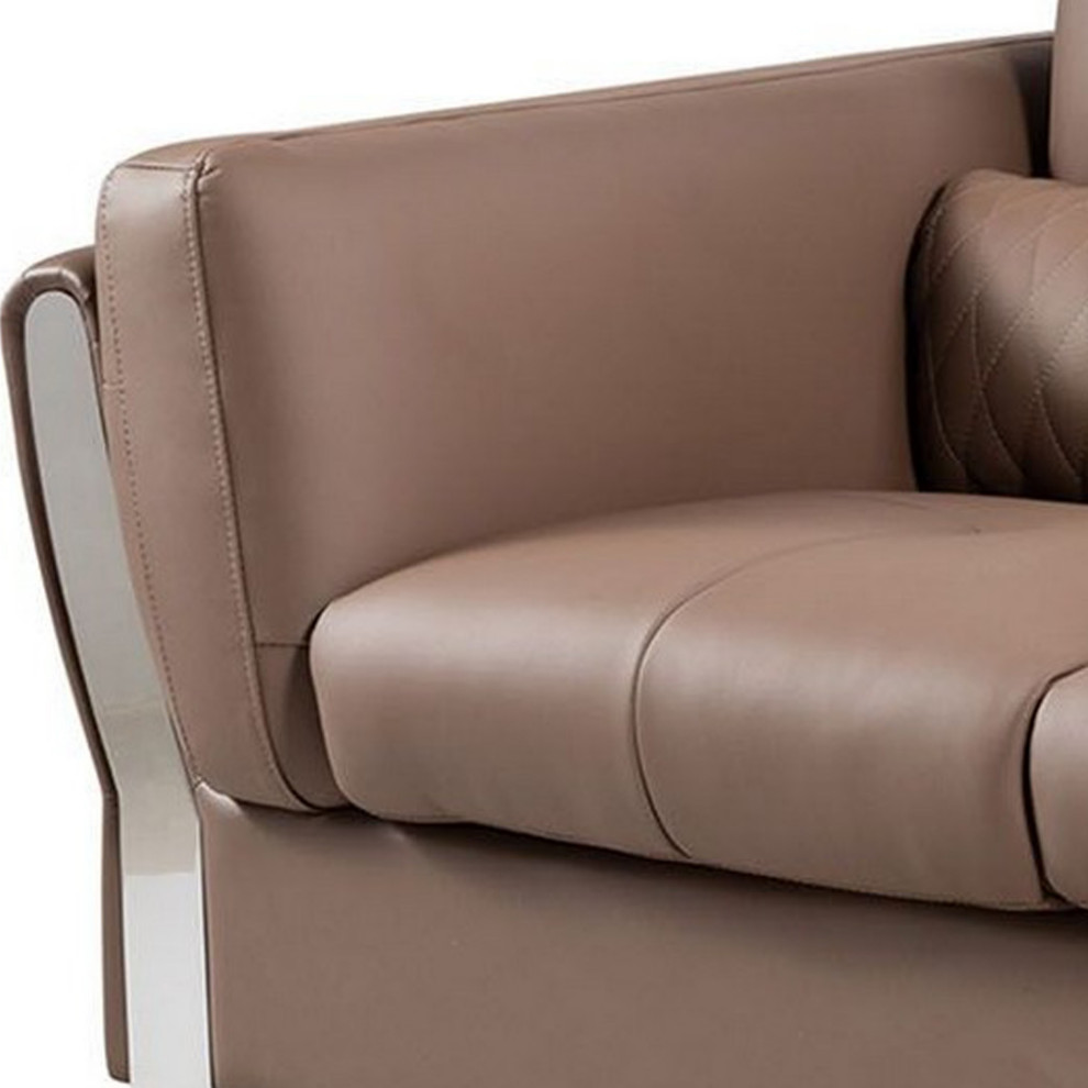 Leatherette Loveseat With Stainless Steel Mirror Accented Armrests  Brown   Contemporary   Loveseats   by VirVentures  Houzz