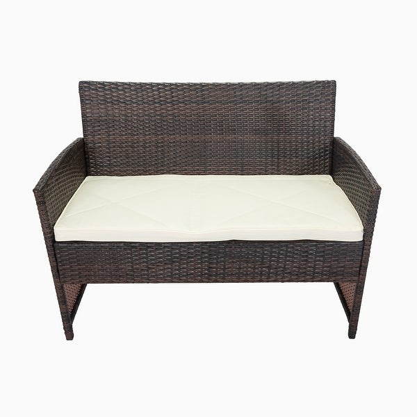 4 Piece Wicker Rattan Outdoor Sofa Set with Beige Cushions and Tempered Glass Coffee Table - Overstock - 37454179