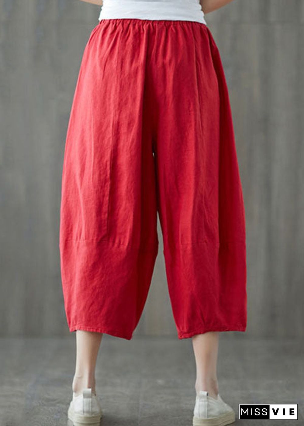 Red Pockets Patchwork Linen Crop Pants Elastic Waist Summer