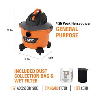 RIDGID 9 Gallon 4.25 Peak HP NXT WetDry Shop Vacuum with Standard Filter Wet Filter Dust Bags Locking Hose and Accessories HD0900B