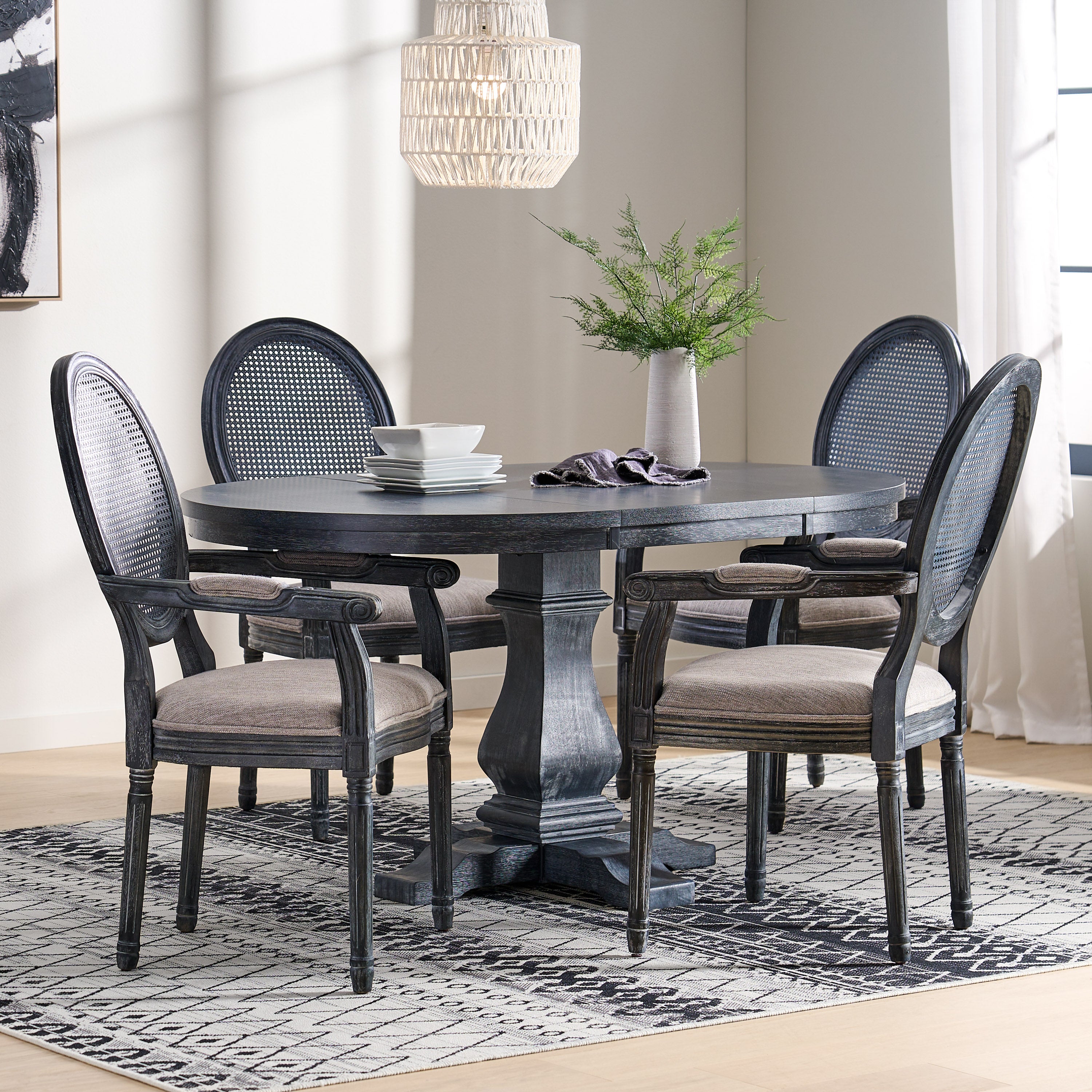 Ismay French Country Wood and Cane 5-Piece Expandable Oval Dining Set