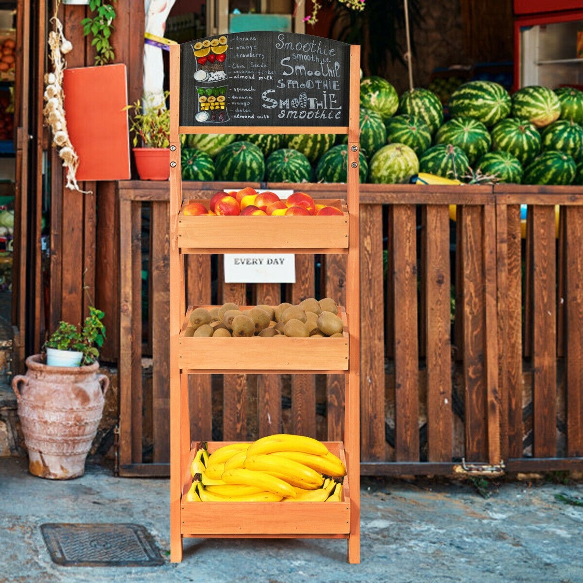 Freestanding Wooden Chalkboard Sign Plant Stand with 3-Tier Display Shelf