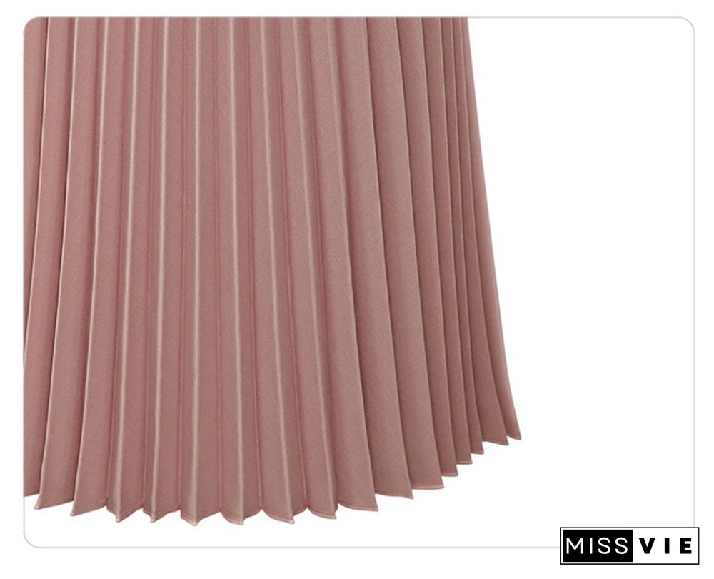 Spring Thick Chiffon Pleated Long Skirt Women Stretch Waist Casual Pink Calf-Length Pleated A-Line Skirt Summer