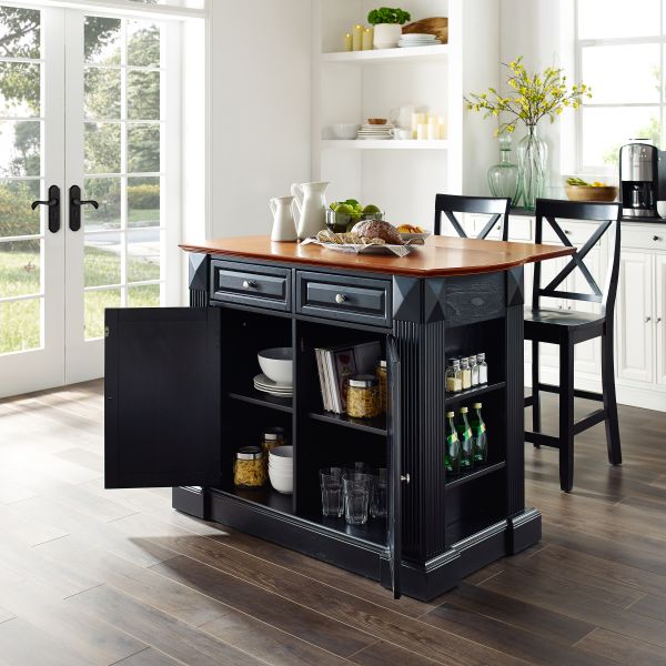 Coventry Drop Leaf Top Kitchen Island W/X-Back Stools