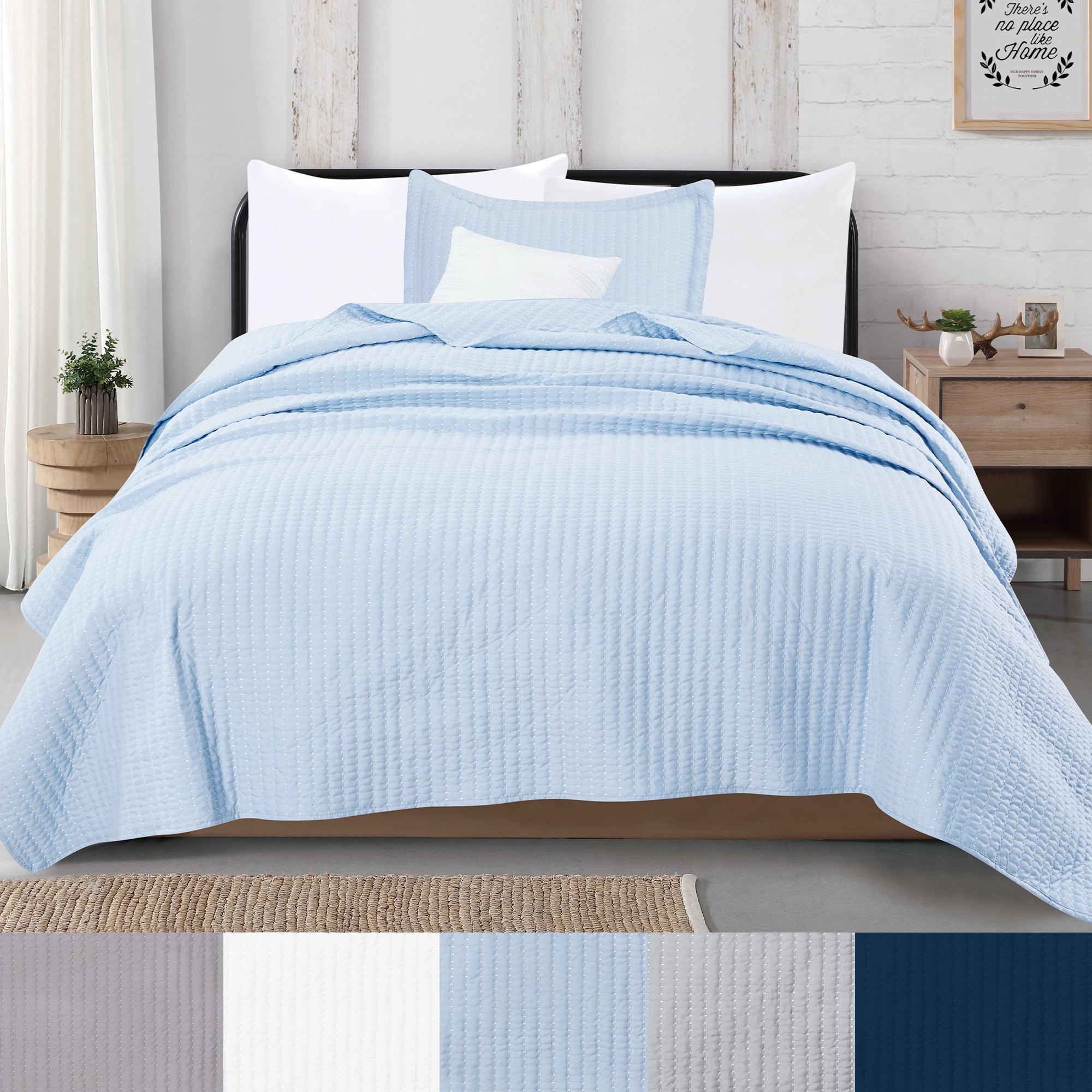 Great Bay Home Detailed Channel Stitch All-Season Reversible Quilt Set With Shams  (Twin， Baby Blue)