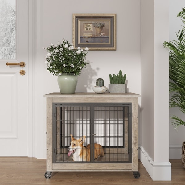 Industrial Wooden Iron Dog Crate， Dog Kennels with 3 Doors and Wheels， Pet Crate Side End Table for Medium and Small Dog