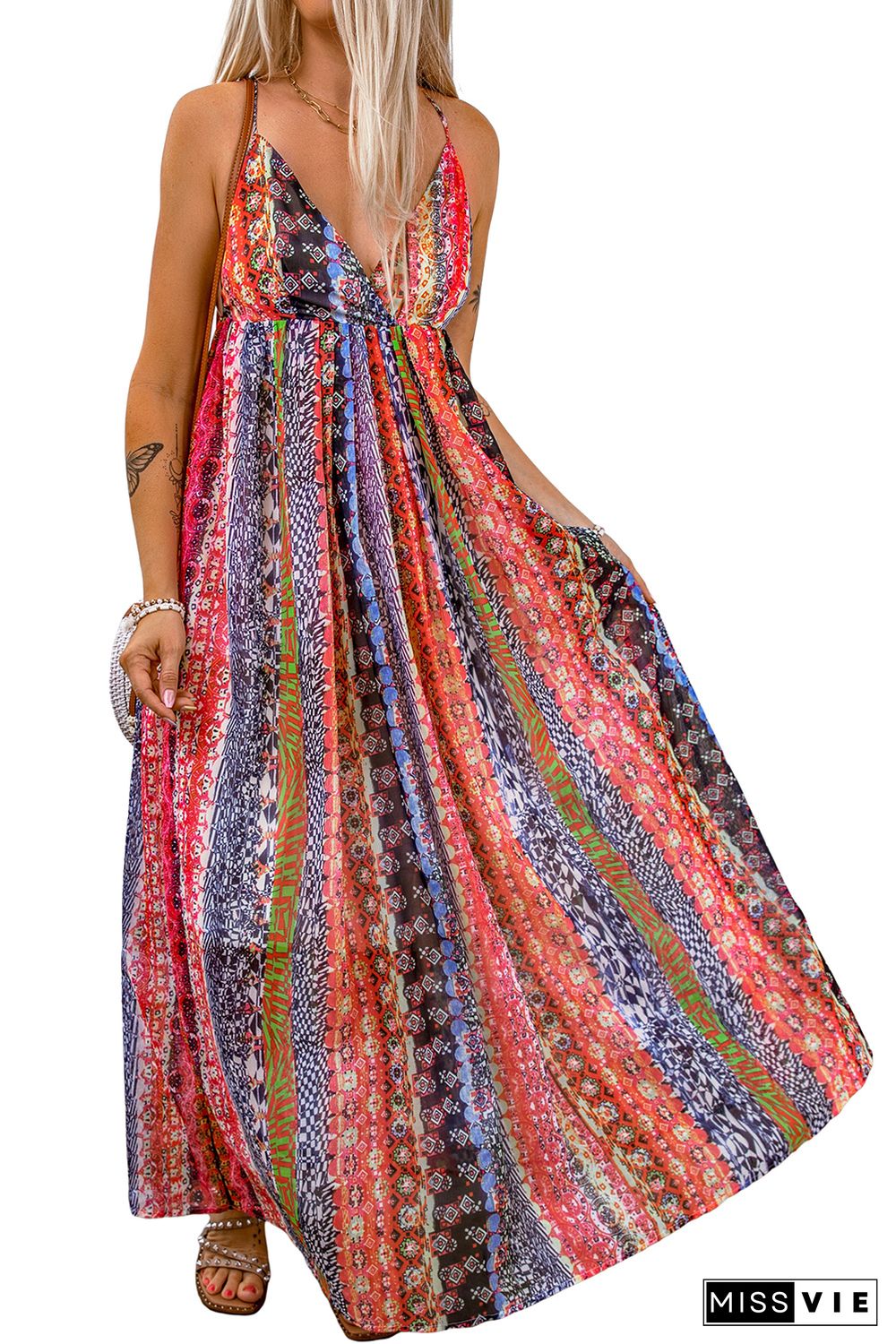 Multicolor Sling V-Neck Backless Boho Maxi Dress