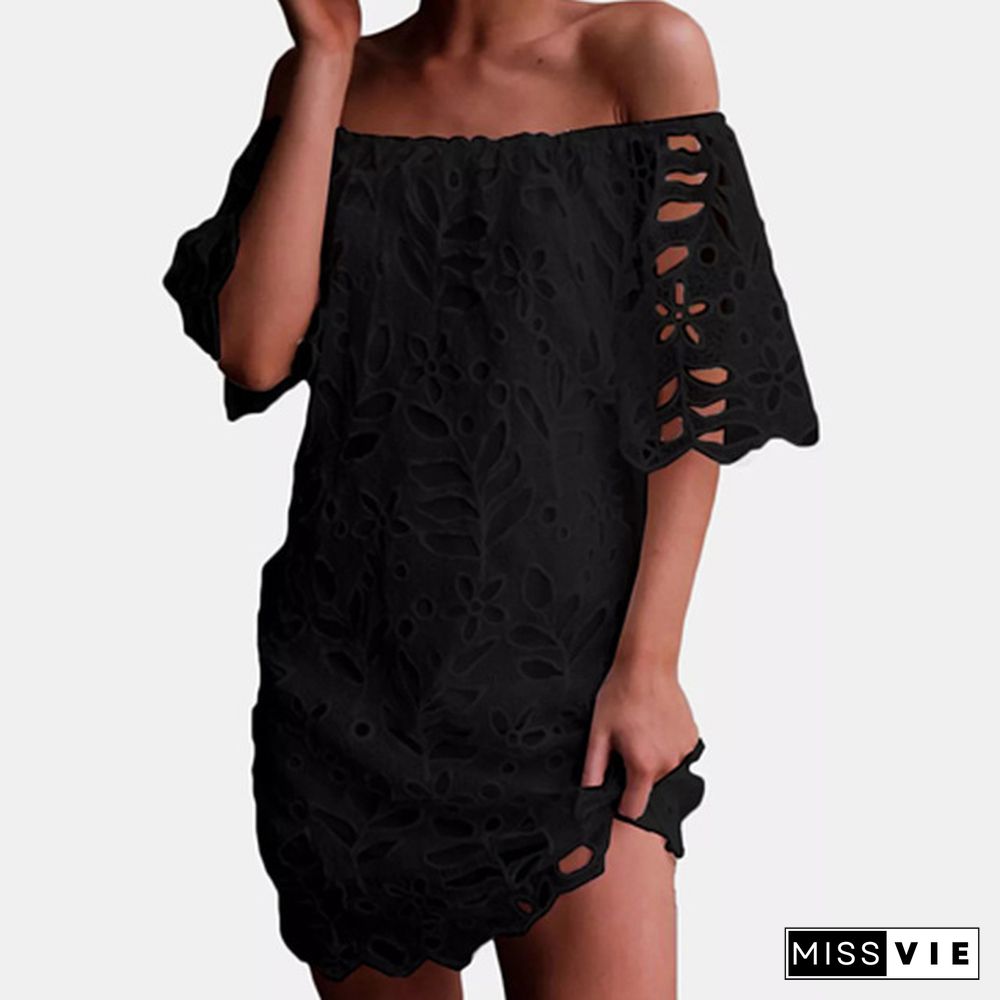 Elegant Women White Black Hollow Out Lace Slim Party Dress