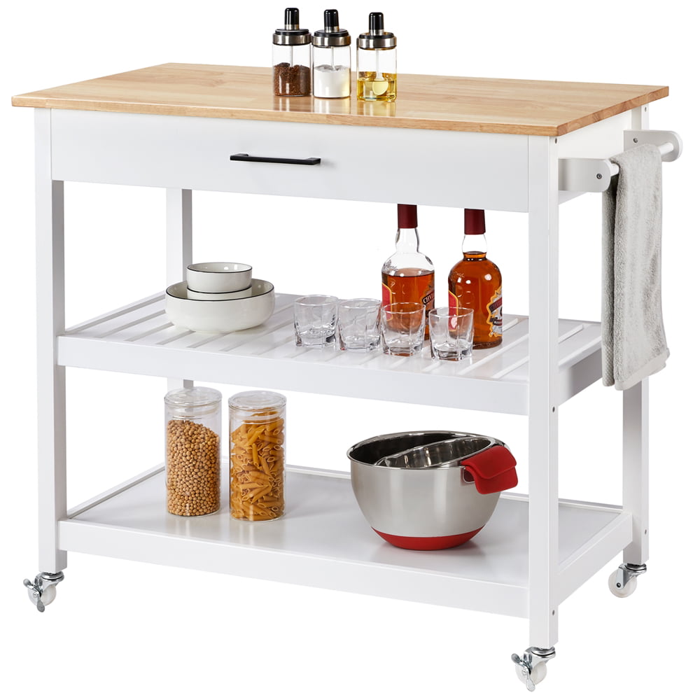 Yaheetech 3 Tier Rolling Kitchen Cart Island Cart on Wheels with Storage Shelf and Drawer Solid Wood Countertop， White